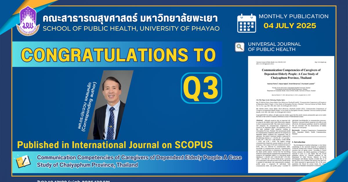 ขอแสดงความยินดีกับ ผู้ช่วยศาสตราจารย์ ดร.ประจวบ แหลมหลัก คณะสาธารณสุขศาสตร์ ที่ได้รับการตีพิมพ์ในวารสารระดับนานาชาติ (Q3)