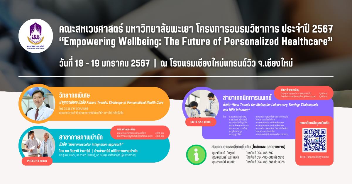 คณะสหเวชศาสตร์ ขอเชิญชวนอาจารย์หรือผู้ที่สนใจเข้าร่วมโครงการอบรมวิชาการประจำปี 2567 “Empowering Wellbeing: The Future of Personalized Healthcare”