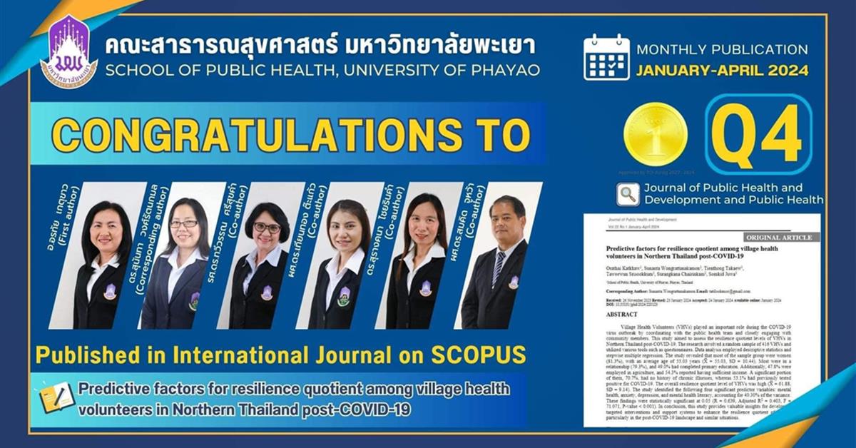 ขอแสดงความยินดีกับอาจารย์ ที่ได้รับการตีพิมพ์ในวารสาร ระดับนานาชาติ เรื่อง Predictive factors for resilience quotient among village health  volunteers in Northern Thailand post-COVID-19 สามารถเข้าถึงบทความได้ที่ : https://he01.tci-thaijo.org/index.php/AIHD-MU/article/view/267353