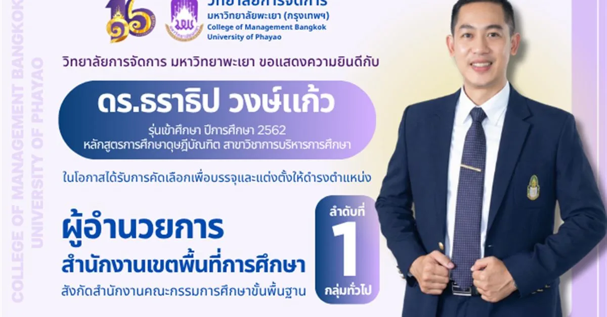 วิทยาลัยการจัดการ มหาวิทยาลัยพะเยา แสดงความยินดี​กับศิษย์เก่าปริญญาเอก ในโอกาสได้รับการคัดเลือกเพื่อบรรจุและแต่งตั้งให้ดำรงตำแหน่ง "ผู้อำนวยการสำนักงานเขตพื้นที่การศึกษา"   ลำดับที่ 1 กลุ่มทั่วไป
