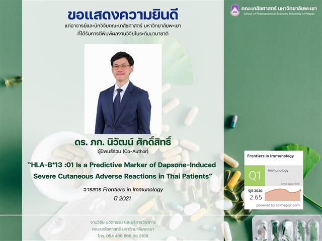 ดร. ภก. นิวัฒน์ ศักดิ์สิทธิ์ ได้รับการตีพิมพ์ผลงานวิจัย “HLA-B*13 :01 Is a Predictive Marker of Dapsone-Induced Severe Cutaneous Adverse Reactions in Thai Patients” ในวารสาร Frontiers in Immunology